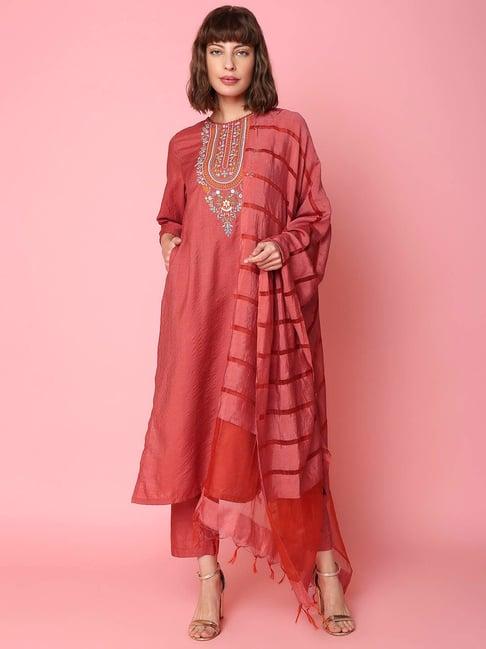 indifusion red embroidered kurta with pant & dupatta