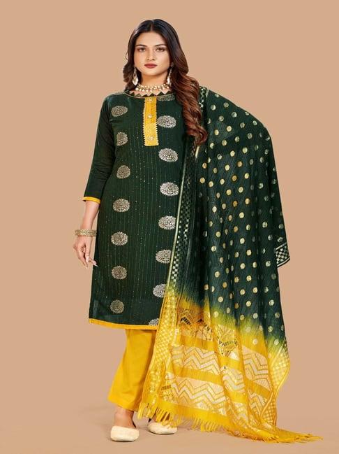 apnisha green & yellow cotton embellished unstitched dress material