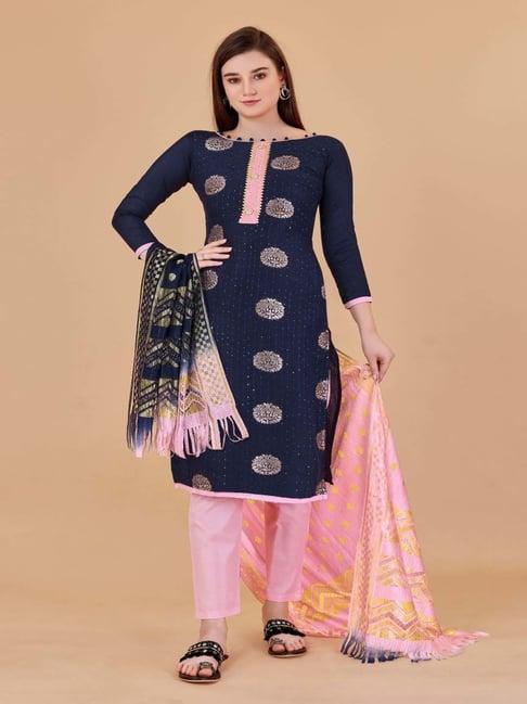 apnisha navy & pink cotton embellished unstitched dress material