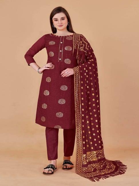 apnisha maroon cotton embellished unstitched dress material