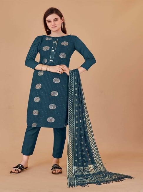 apnisha teal blue cotton embellished unstitched dress material