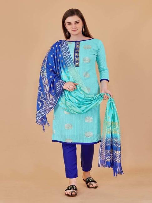 apnisha turquoise cotton embellished unstitched dress material