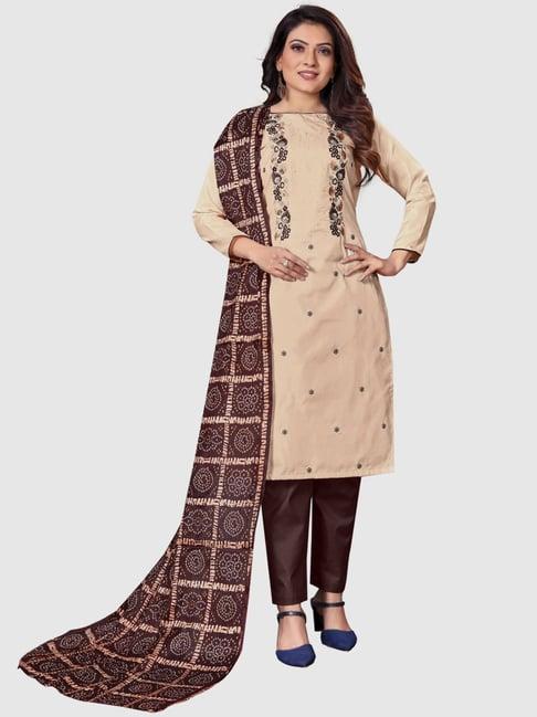 apnisha beige embroidered unstitched dress material