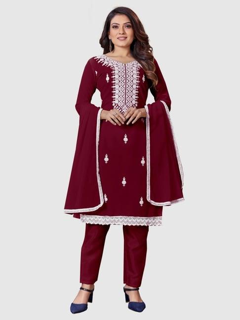 apnisha maroon embroidered unstitched dress material