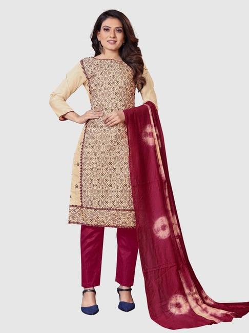 apnisha beige & red embroidered unstitched dress material