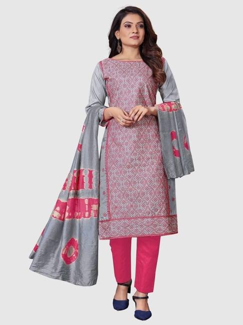 apnisha grey & pink embroidered unstitched dress material