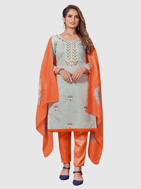 apnisha grey & orange embroidered unstitched dress material