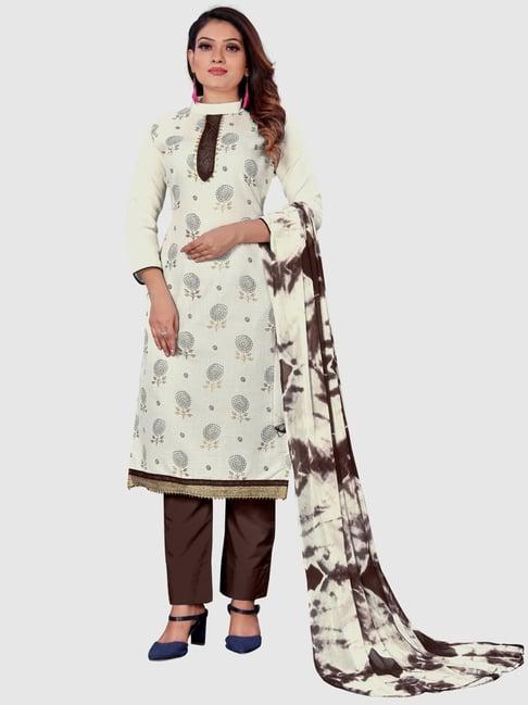 apnisha cream cotton floral print unstitched dress material