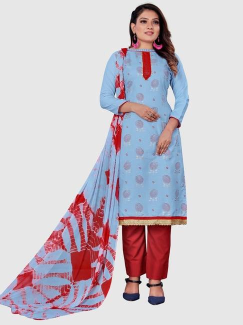 apnisha turquoise cotton floral print unstitched dress material