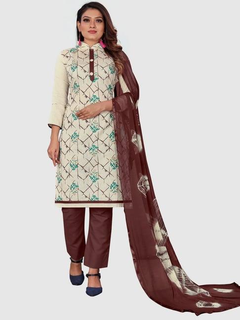 apnisha beige & brown cotton printed unstitched dress material