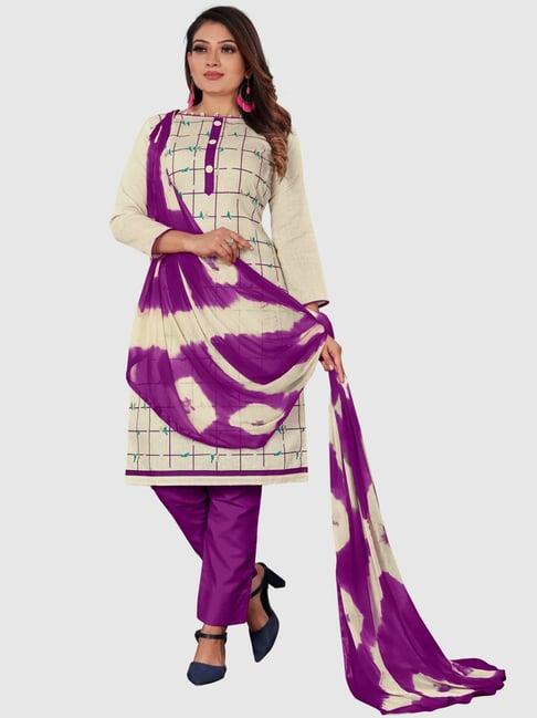 apnisha cream & purple cotton chequered unstitched dress material