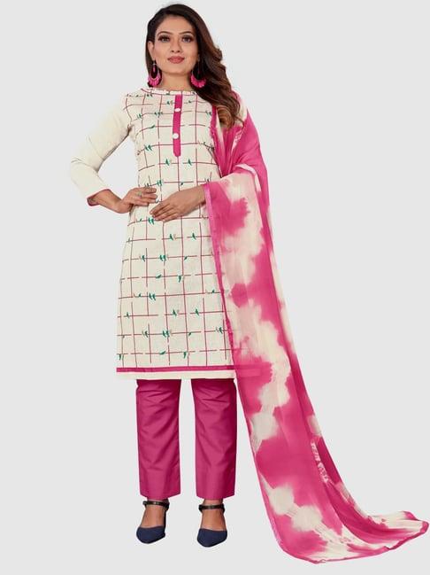 apnisha cream & pink cotton chequered unstitched dress material