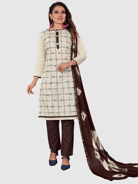 apnisha cream & brown cotton chequered unstitched dress material