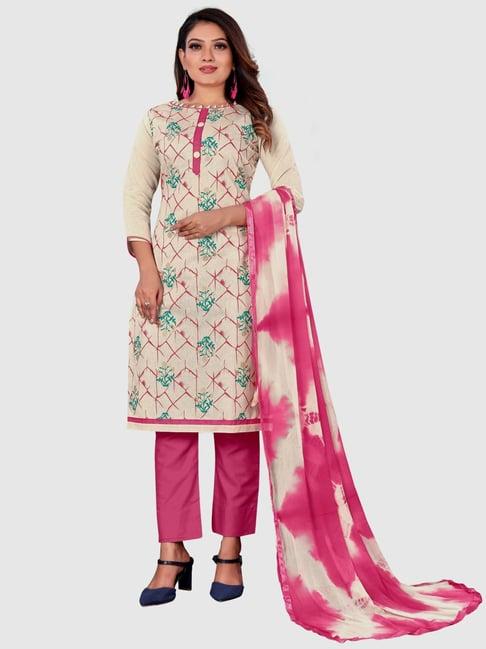 apnisha cream & pink cotton printed unstitched dress material