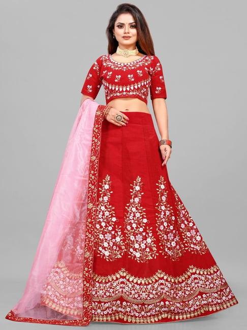 apnisha red embroidered semi stitched lehenga choli set with dupatta