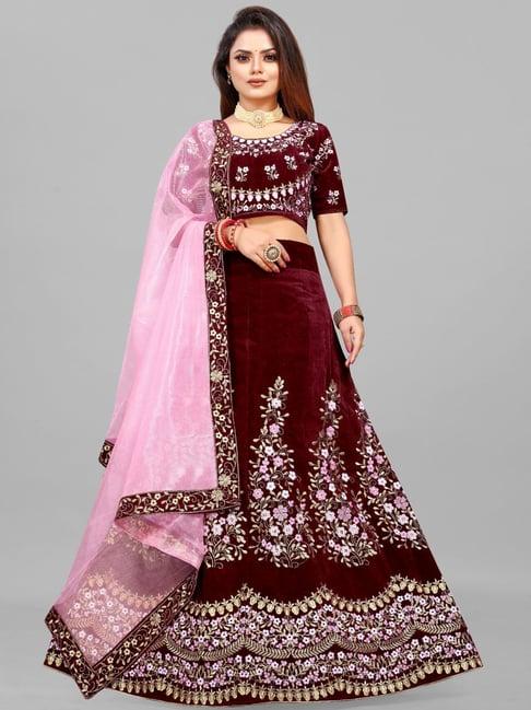 apnisha maroon embroidered semi stitched lehenga choli set with dupatta