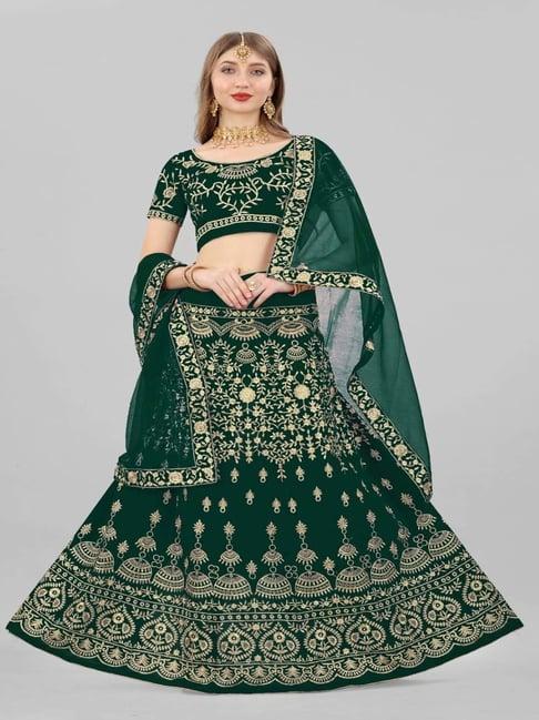 apnisha green embroidered semi stitched lehenga choli set with dupatta