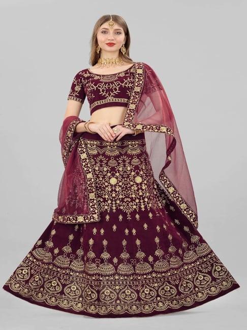 apnisha maroon embroidered semi stitched lehenga choli set with dupatta