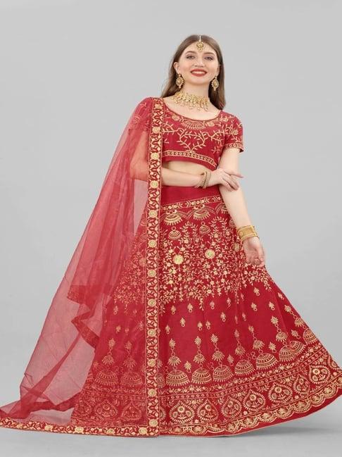 apnisha red embroidered semi stitched lehenga choli set with dupatta