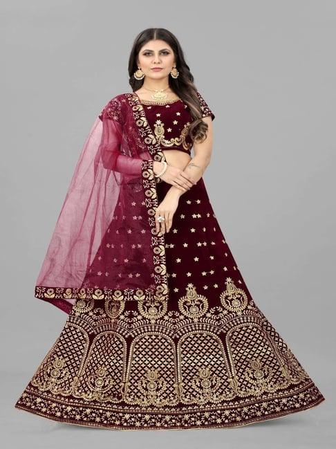 apnisha maroon embroidered semi stitched lehenga choli set with dupatta