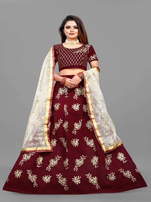 apnisha maroon embroidered semi stitched lehenga choli set with dupatta