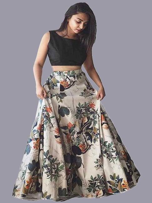 apnisha black & off-white printed semi stitched lehenga choli set