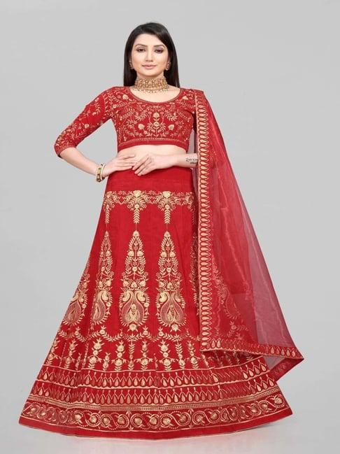 apnisha red embroidered semi stitched lehenga choli set with dupatta