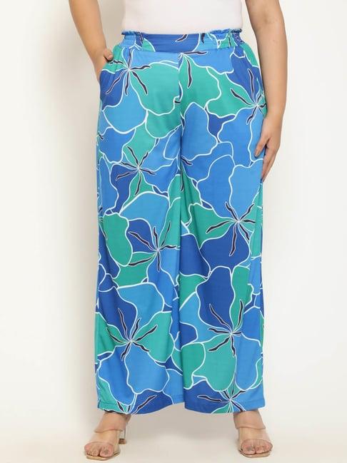 amydus blue & green printed regular fit high rise pants