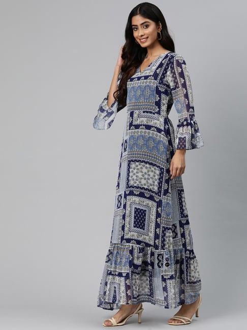 cottinfab blue & grey printed maxi georgette dress