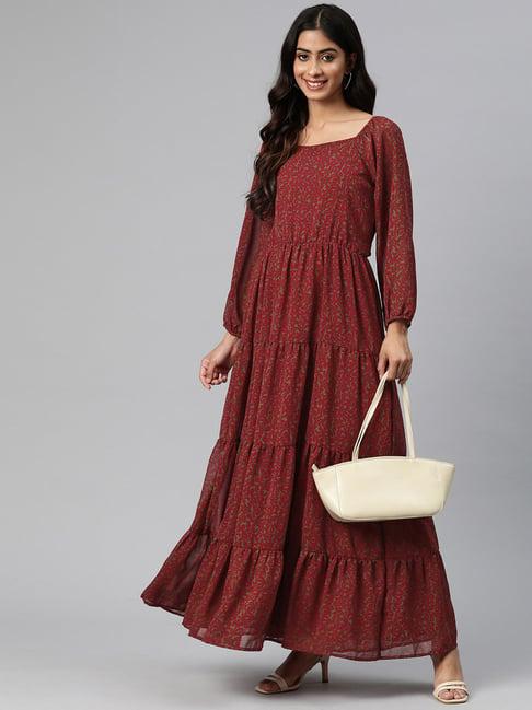 cottinfab maroon floral print maxi georgette dress