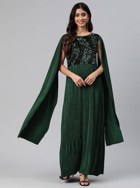 cottinfab green embellished maxi rincle dress