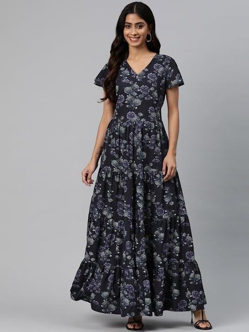 cottinfab navy floral print maxi georgette dress