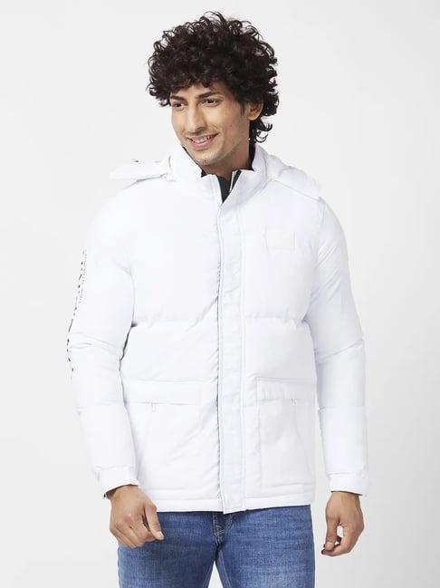 spykar white puffer jacket with zipper patch pocket & printed detail on sleeves