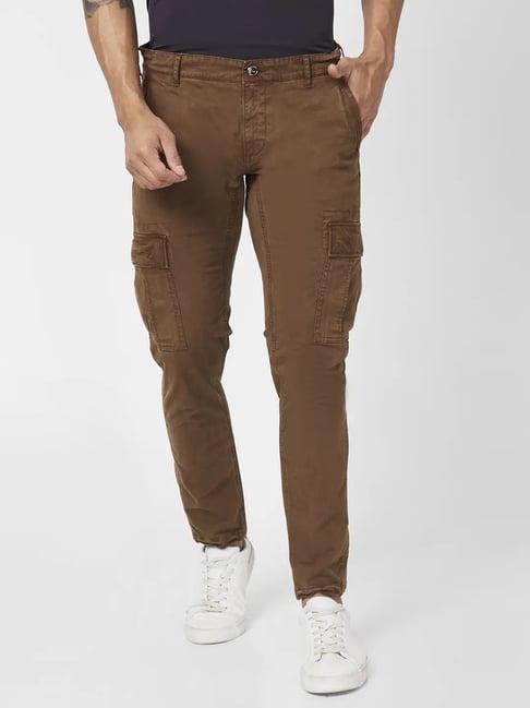 spykar mud brown cotton tapered fit cargos