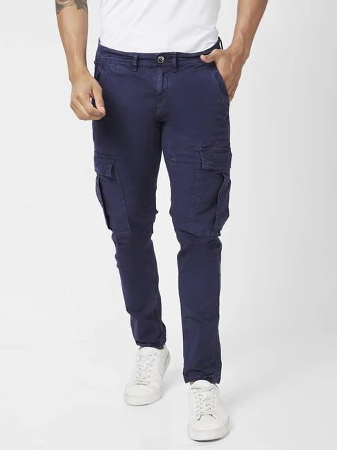 spykar navy blue cotton tapered fit cargos