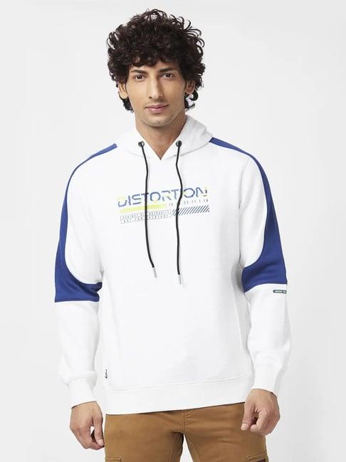 spykar white regular fit printed hooded sweatshirt