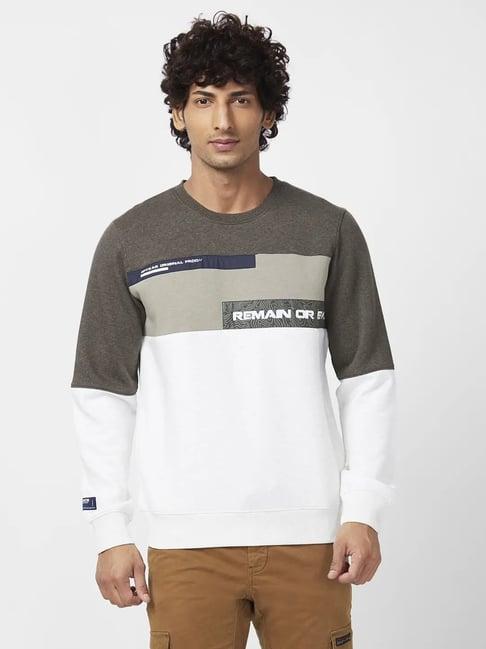 spykar military green & white slim fit colour block sweatshirt