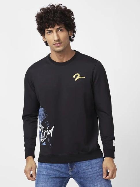 spykar black slim fit printed sweatshirt