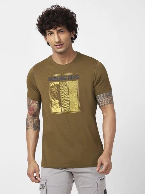 spykar military green slim fit printed t-shirt