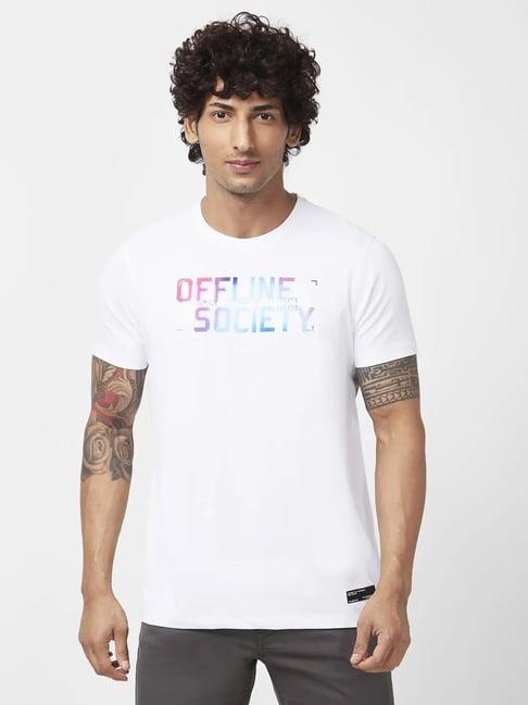 spykar white slim fit printed t-shirt