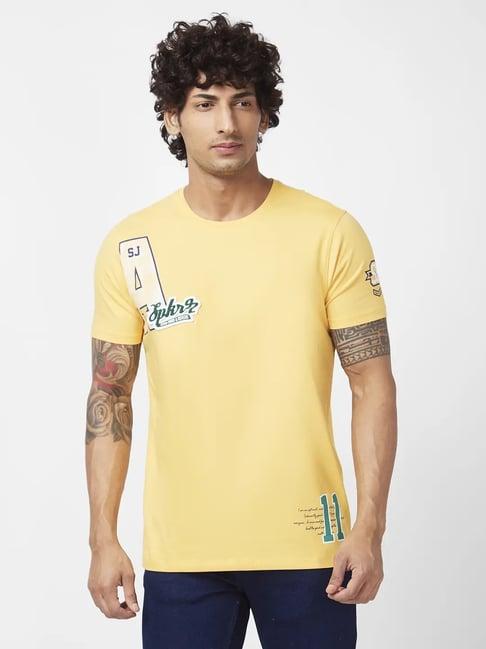 spykar amber yellow slim fit printed t-shirt