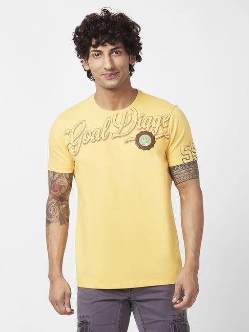 spykar amber yellow slim fit printed t-shirt