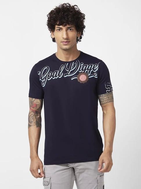 spykar navy blue slim fit printed t-shirt