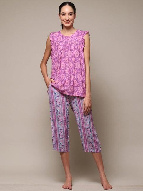 biba purple printed top capri set