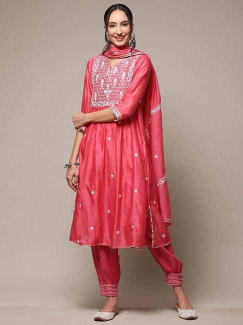 biba pink cotton embroidered kurta salwar set with dupatta