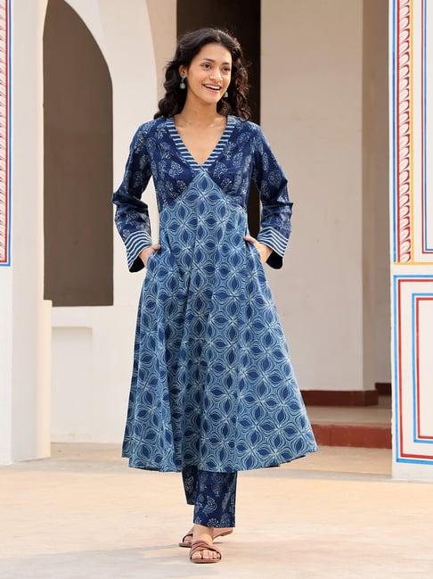 okhai indigo pure cotton hand block print kurta pant set