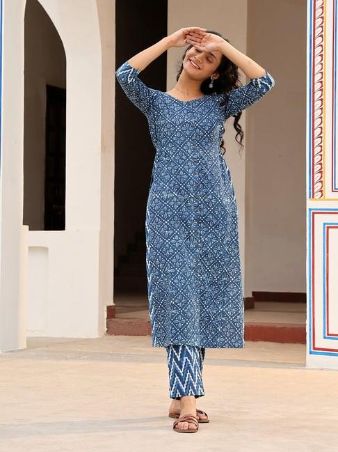 okhai indigo pure cotton hand block print kurta pant set