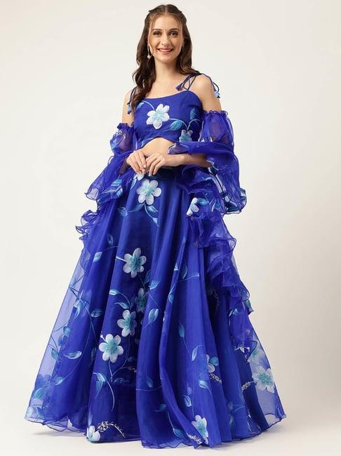 divena blue organza floral lehenga choli with dupatta set