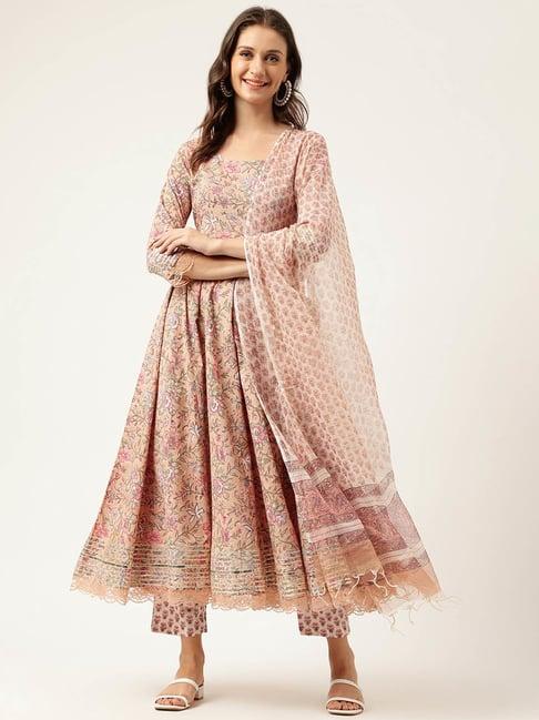 divena beige cotton handblock print gotta patti anarkali kurta & pant with dupatta