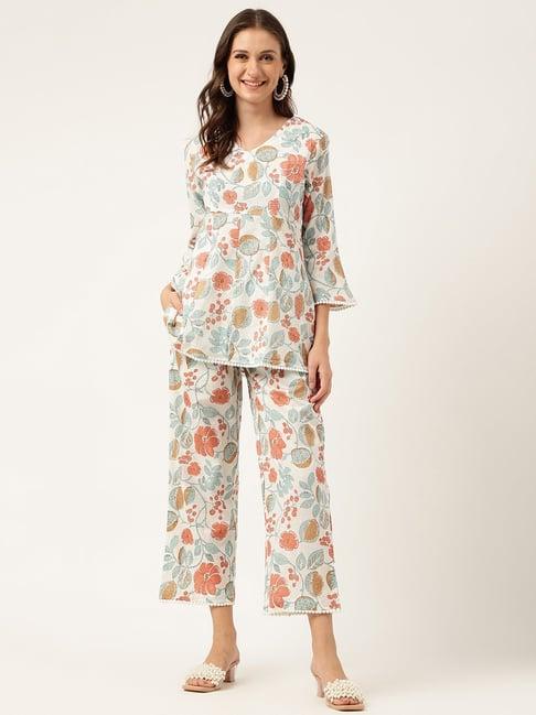 divena white cotton floral print tunic & pant set